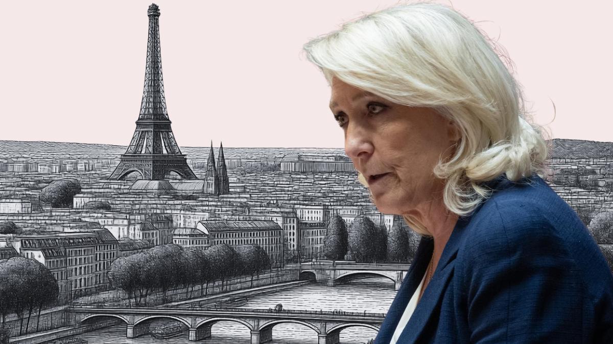 Marine Le Pen con la ciudad de París de fondo.