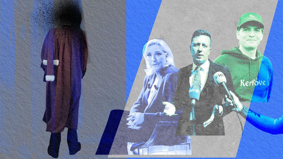 A la derecha de la imagen: Marine Le Pen, Jean-Eudes Gannat y Erik Tegnér.