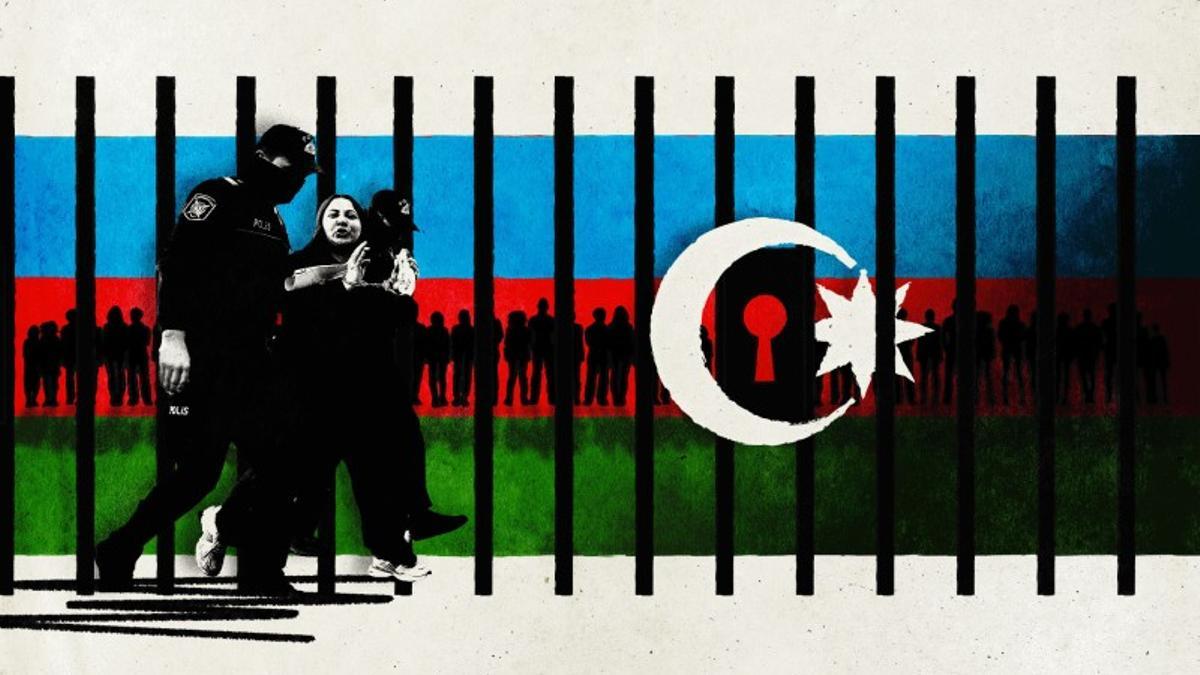Ilustración con la bandera de Azerbaiyán y una periodista siendo encarcelada