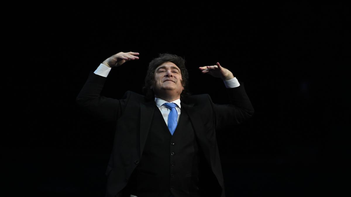 El presidente argentino, Javier Milei, este sábado en el Madrid Economic Forum celebrado en el Palacio Vistalegre (Madrid).rticipa en el Madrid Economic Forum