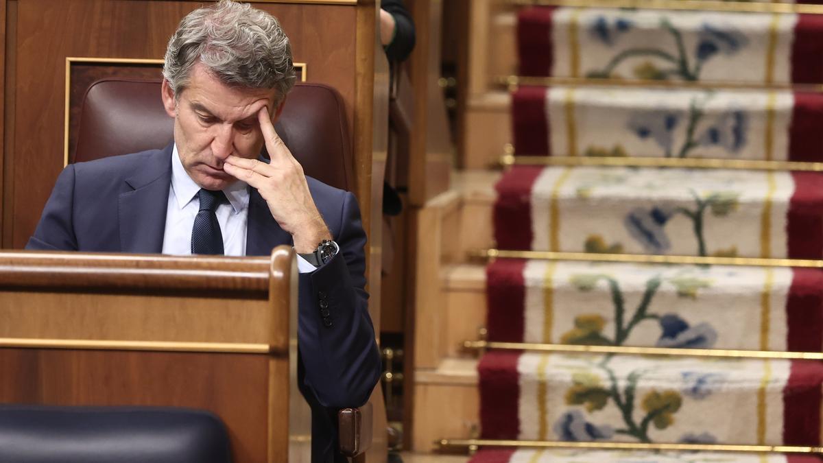 El presidente del Partido Popular, Alberto Núñez Feijóo, durante una sesión de control al Gobierno, en el Congreso