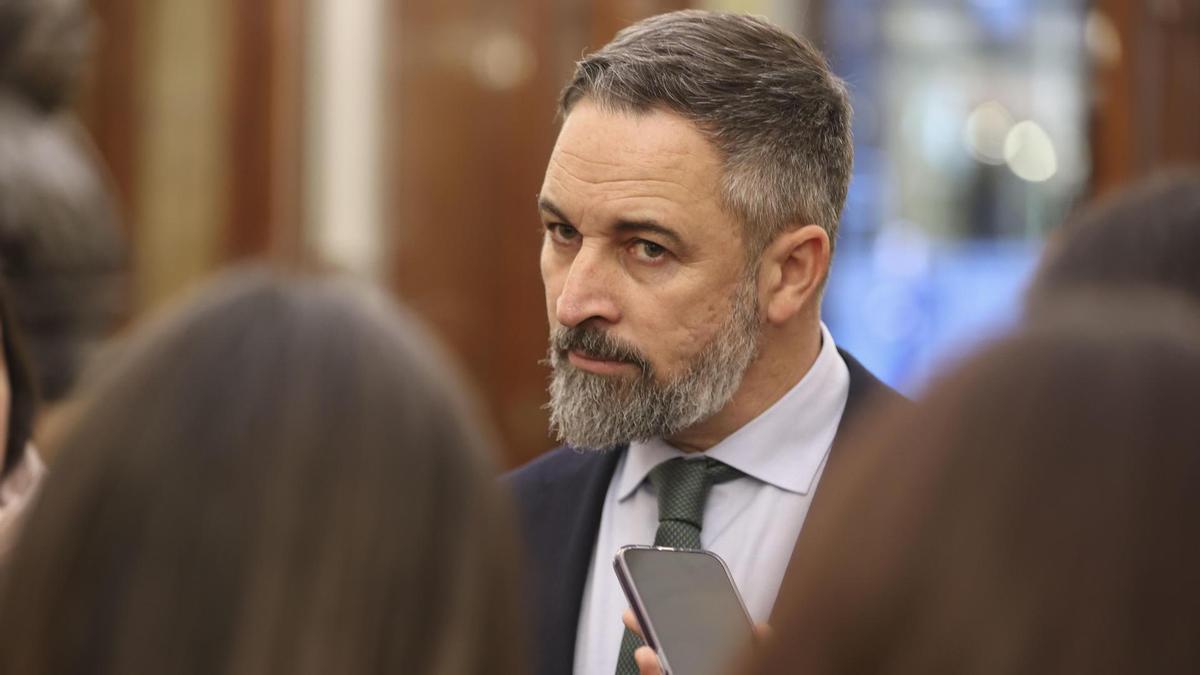 El líder de Vox, Santiago Abascal, atiende a la prensa durante el pleno del Congreso de los Diputados.