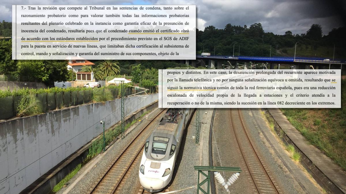 Un tren Alvia como el accidentado pasa por la curva de Angrois y fragmentos de la sentencia de la Audiencia.