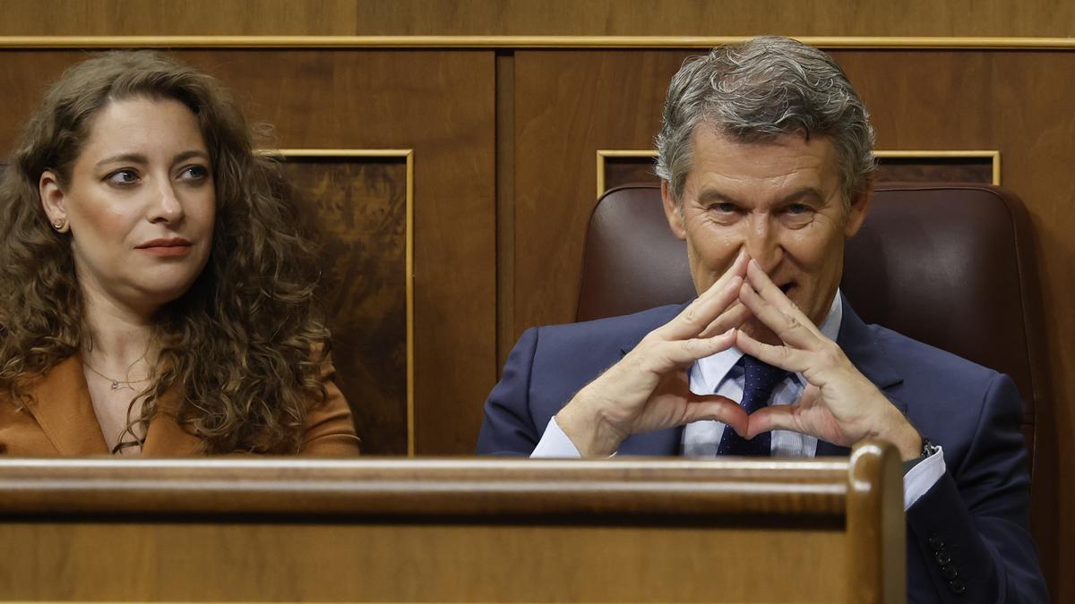Alberto Núñez Feijóo y su portavoz en el Congreso, Ester Muñoz, durante el pleno del Congreso de los Diputados este miércoles.