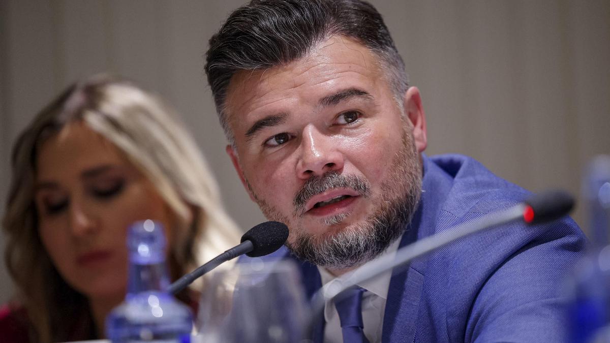 El portavoz parlamentario de ERC, Gabriel Rufián, protagoniza un coloquio organizado por el Club Siglo XXI, este miércoles en Madrid.