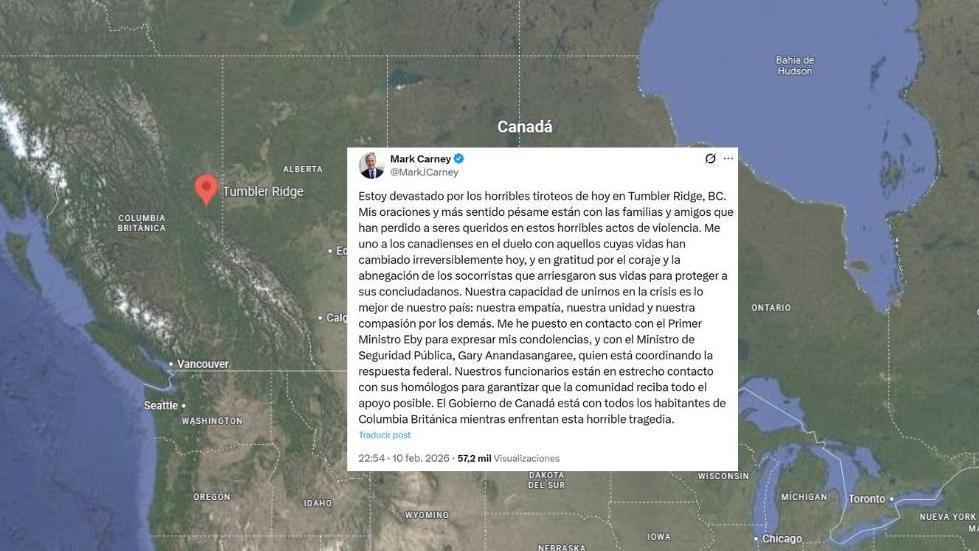 Mapa de Canadá y mensaje en redes sociales del primer ministro canadiense.
