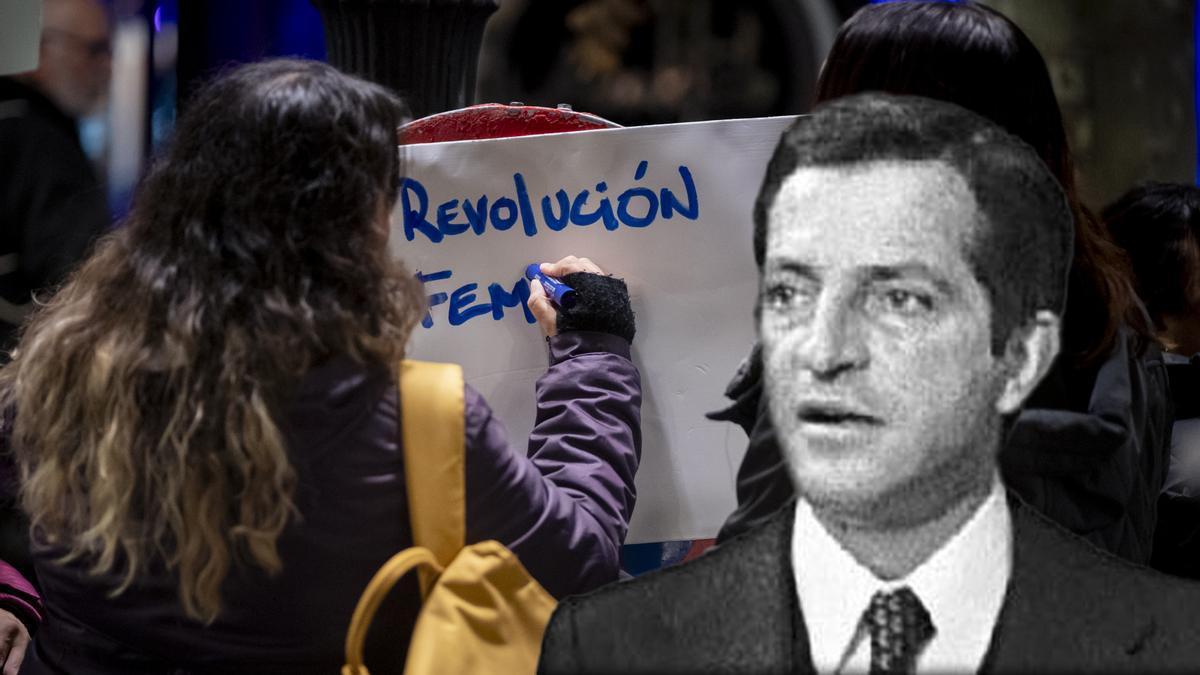 Montaje del expresidente Adolfo Suárez junto con una pancarta feminista.