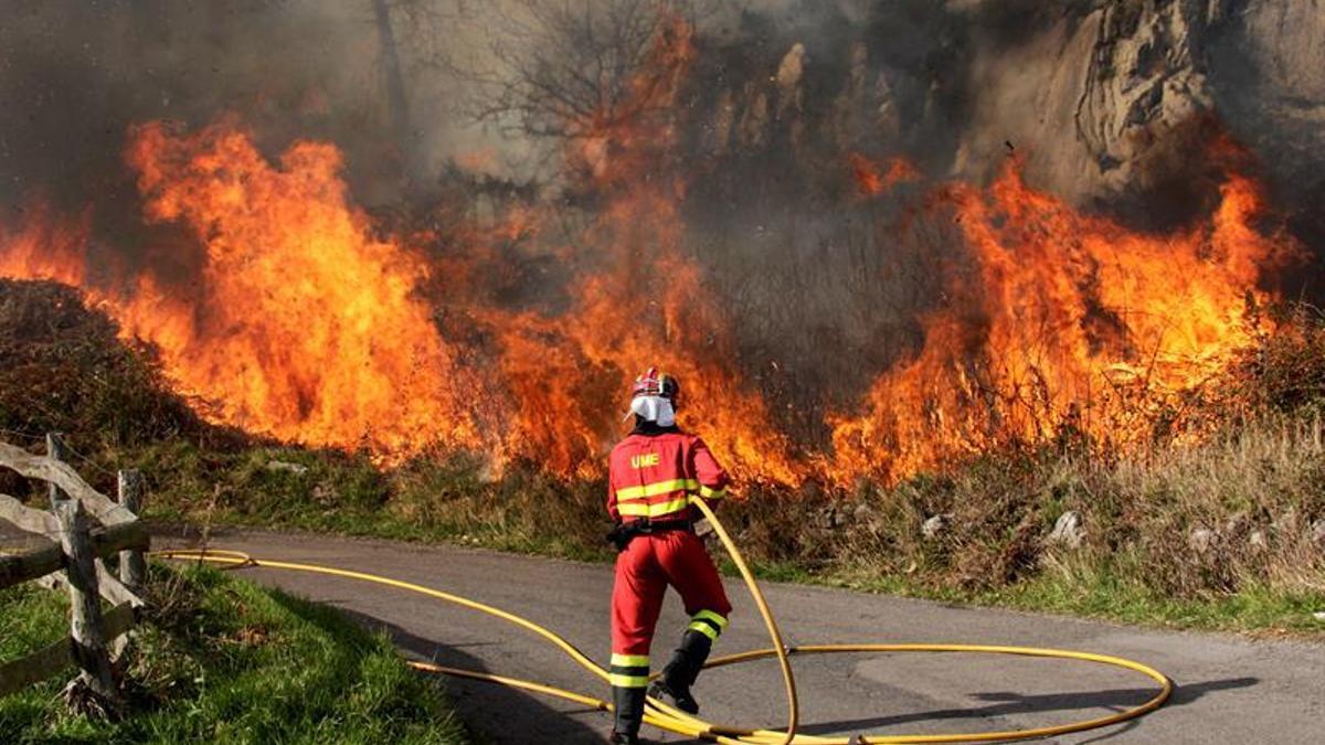 Un especialista del Ejército lucha con contra el fuego en un monte e Asturias.