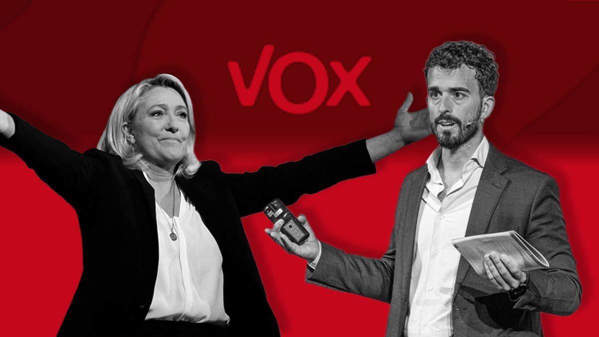 Montaje de Marine Le Pen junto al nuevo portavoz adjunto de Vox en el Congreso, Carlos H. Quero