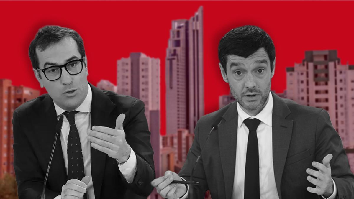 El ministro de Economía, Carlos Cuerpo, y el de Derechos Sociales, Pablo Bustinduy, con torres de viviendas al fondo