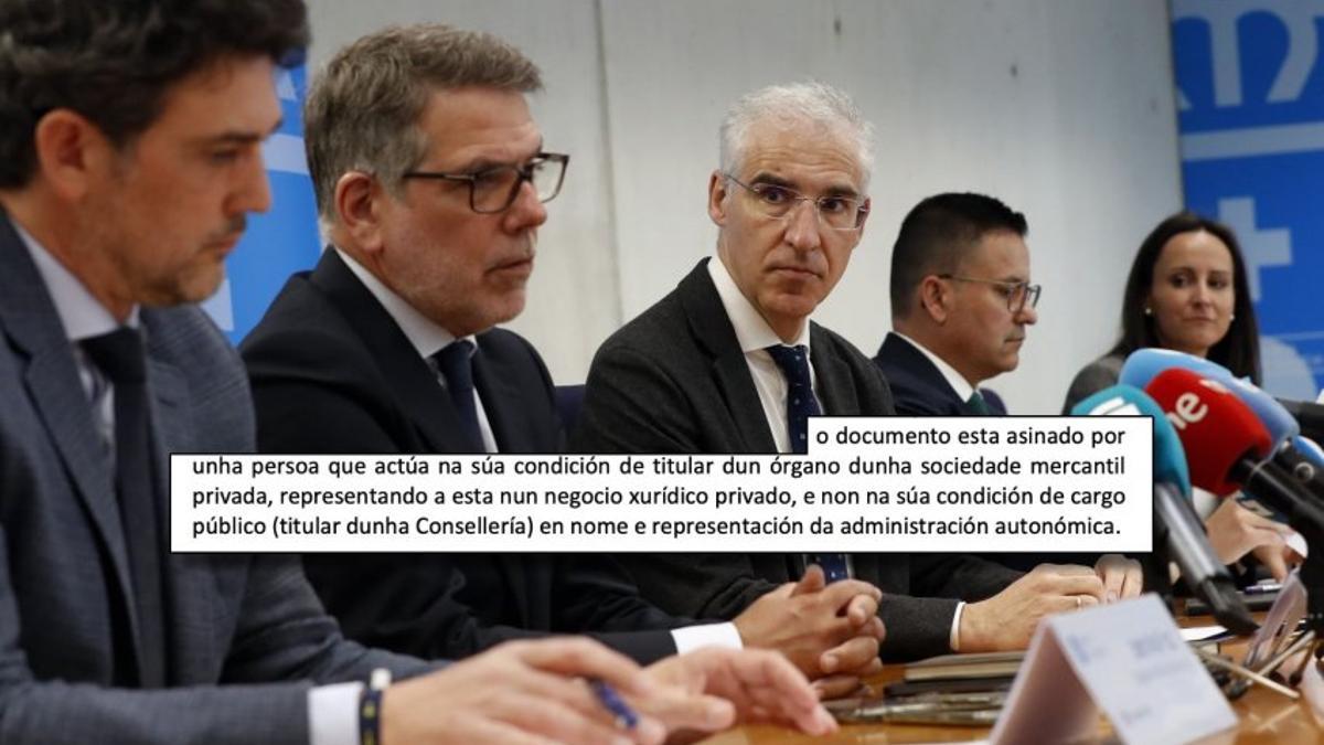 El consejero delegado de Altri y el entonces conselleiro de Economía de la Xunta, Francisco Conde, en una imagen de archivo, y la respuesta de la Xunta indicando que el memorando de entendimiento para la llegada de la compañía a Galicia era un "negocio jurídico privado".
