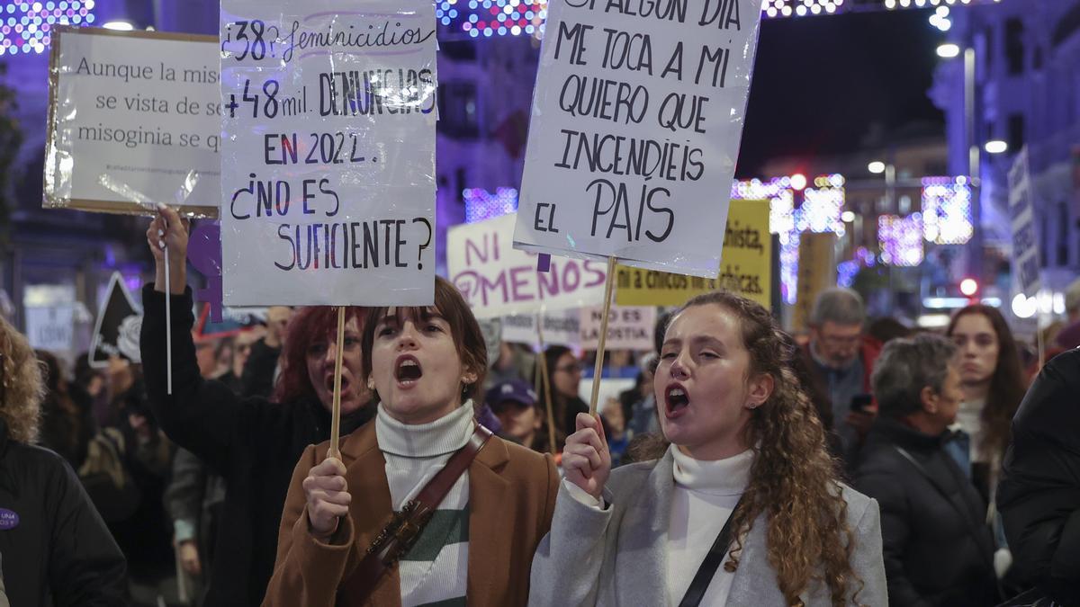 Imagen de la marcha en Madrid con motivo dle 25N bajo el lema "El machismo mata, viola, explota y borra a las mujeres".