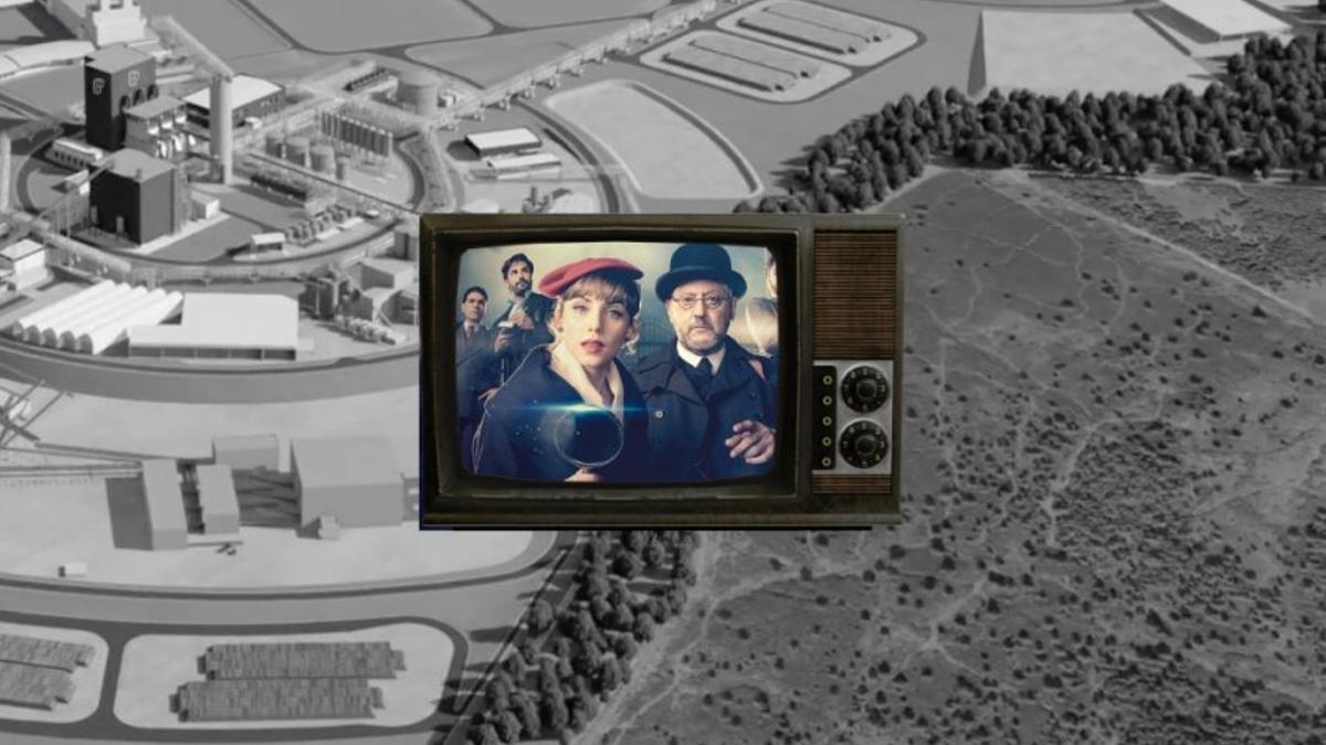 Recreación da factoría de Altri divulgada por la compañía e imagen promocional de la serie 'Un asunto privado' (Prime Video, 2022).