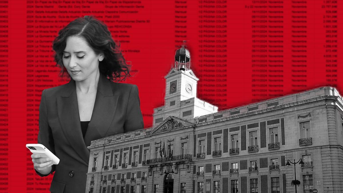 La presidenta de la Comunidad de Madrid, Isabel Díaz Ayuso, junto a una imagen de la sede del Gobierno autonómico.