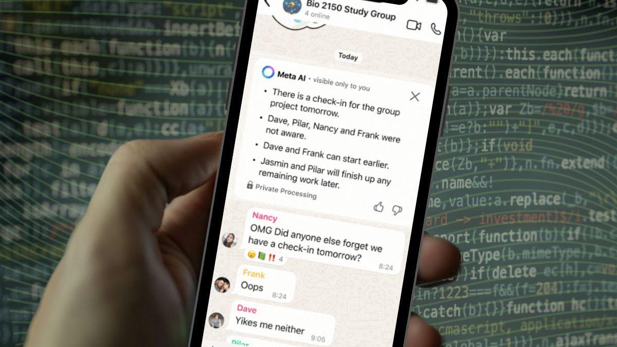 Imagen de una conversación de un grupo de WhatsApp con un resumen de la conversación generado por Meta AI.