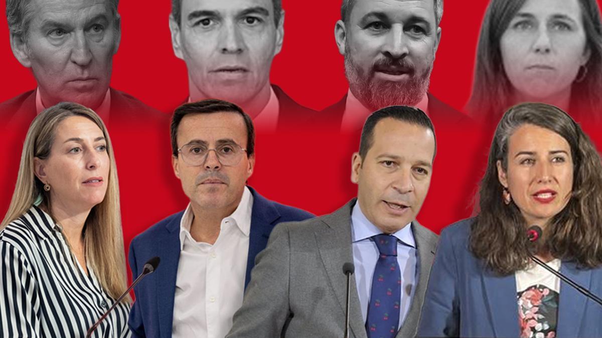Las candidatas y los candidatos a las elecciones en Extremadura con los líderes nacionales de sus formaciones detrás