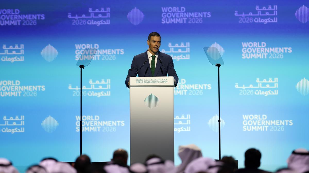 El presidente Pedro Sánchez, durante su intervención en el World Governments Summit celebrado este martes en Dubai (Emiratos ärabes Unidos).