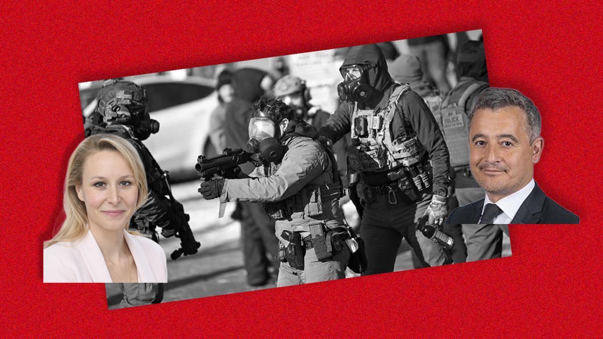 Una fotografía de una detención del ICE en EEUU con las imágenes de Gérald Darmanin y Marion Maréchal