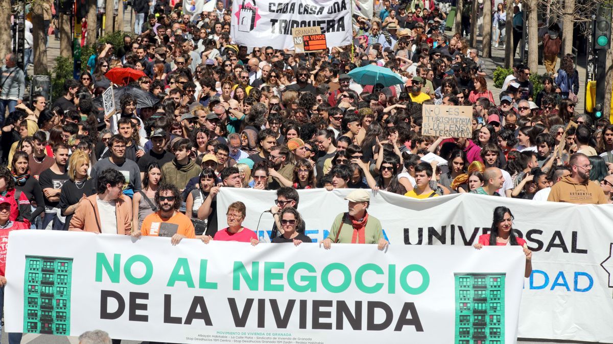 El movimiento por la vivienda de Granada convoca junto a distintas asociaciones una manifestación por el derecho a la vivienda que transcurre por las céntricas calles de la ciudad.