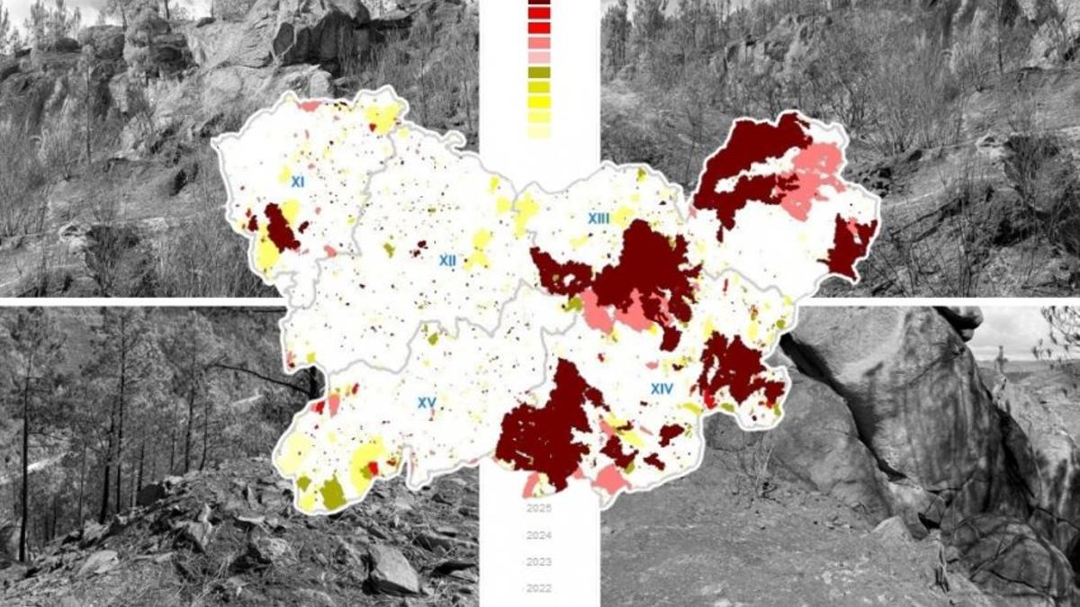 Mapa de la provincias de Ourense sobre fotografías de zonas quemadas