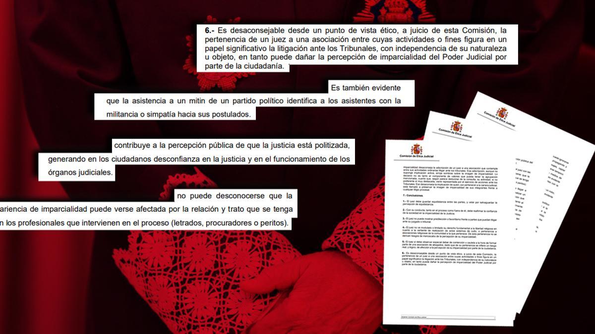 Imagen de un juez con toga con extractos de los dictámines de la comsión de ética del CGPJ