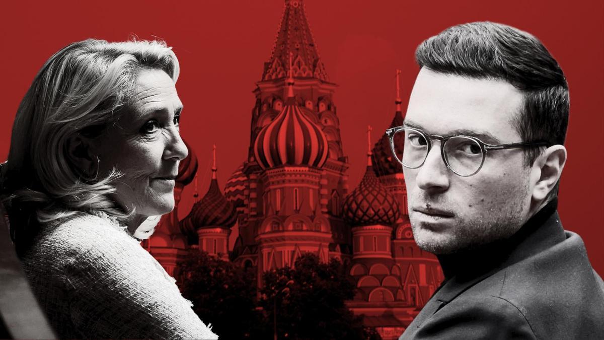 Marine Le Pen y Jordan Bardella con el Kremlin de fondo.