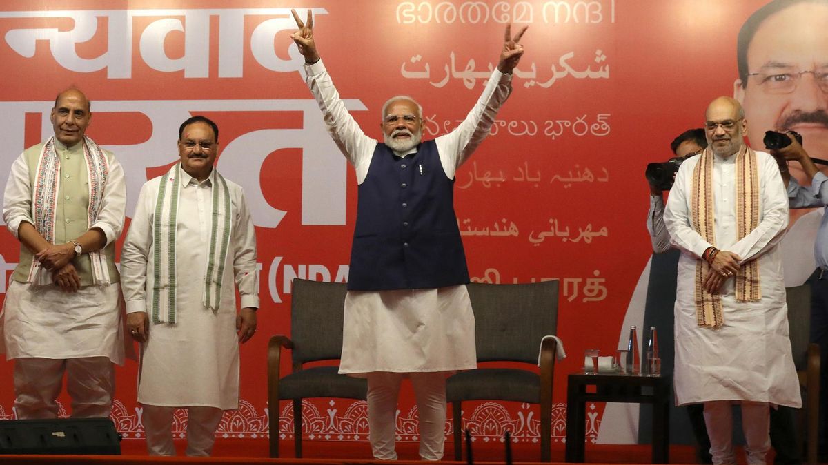 El líder del Partido Bharatiya Janata (BJP) y Primer Ministro indio, Narendra Modi mientras llega a la sede del partido para pronunciar un discurso de victoria, en Nueva Delhi, India, el 4 de junio de 2024.