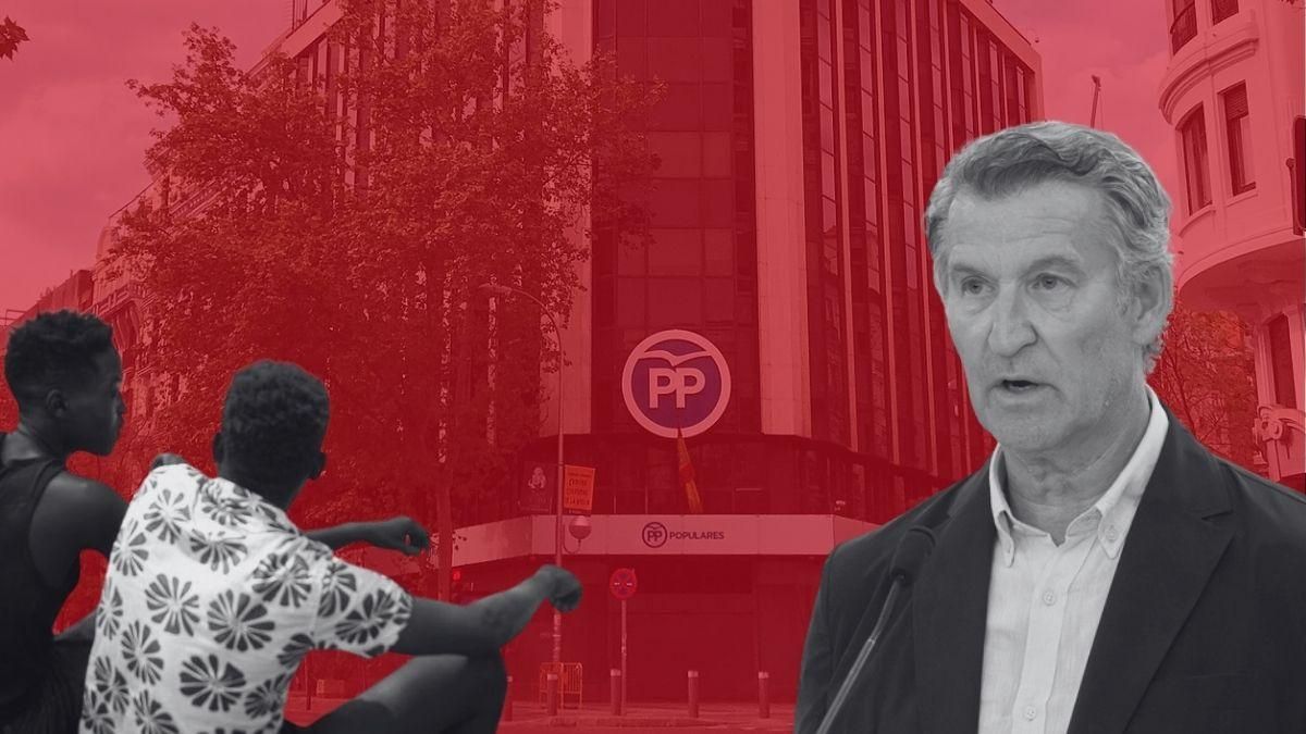Dos migrantes de Ceuta y Alberto Núñez Feijóo frente a la sede del PP en Génova.