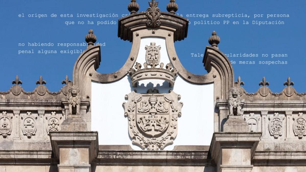 Detalle de escudos de la fachada de la sede de la Diputación Provincial de Lugo y transcripción de fragmentos del auto que cierra la pieza central del 'caso Pulpo'.