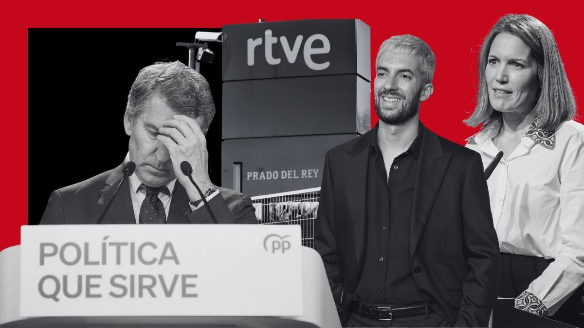 Alberto Núñez Feijóo, David Broncano y Silvia Intxaurrondo con la entrada de Prado del Rey de fondo.