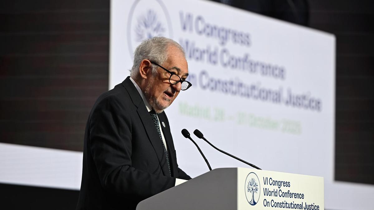 El presidente del Tribunal Constitucional, Cándido Conde-Pumpido, interviene en la VI Conferencia Mundial de Justicia Constitucional, en Madrid.