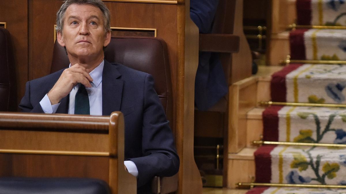 El lider de la oposición y presidente del PP, Alberto Núñez Feijóo, durante una sesión de control al Gobierno, en el Congreso de los Diputados, a 21 de mayo de 2025, en Madrid (España).