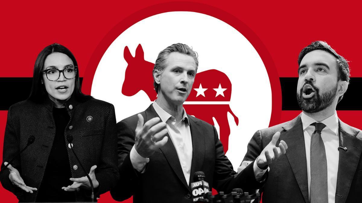Alexandria Ocasio-Cortez, Gavin Newsom y Zohran Mamdani sobre el logo del Partido Demócrata.