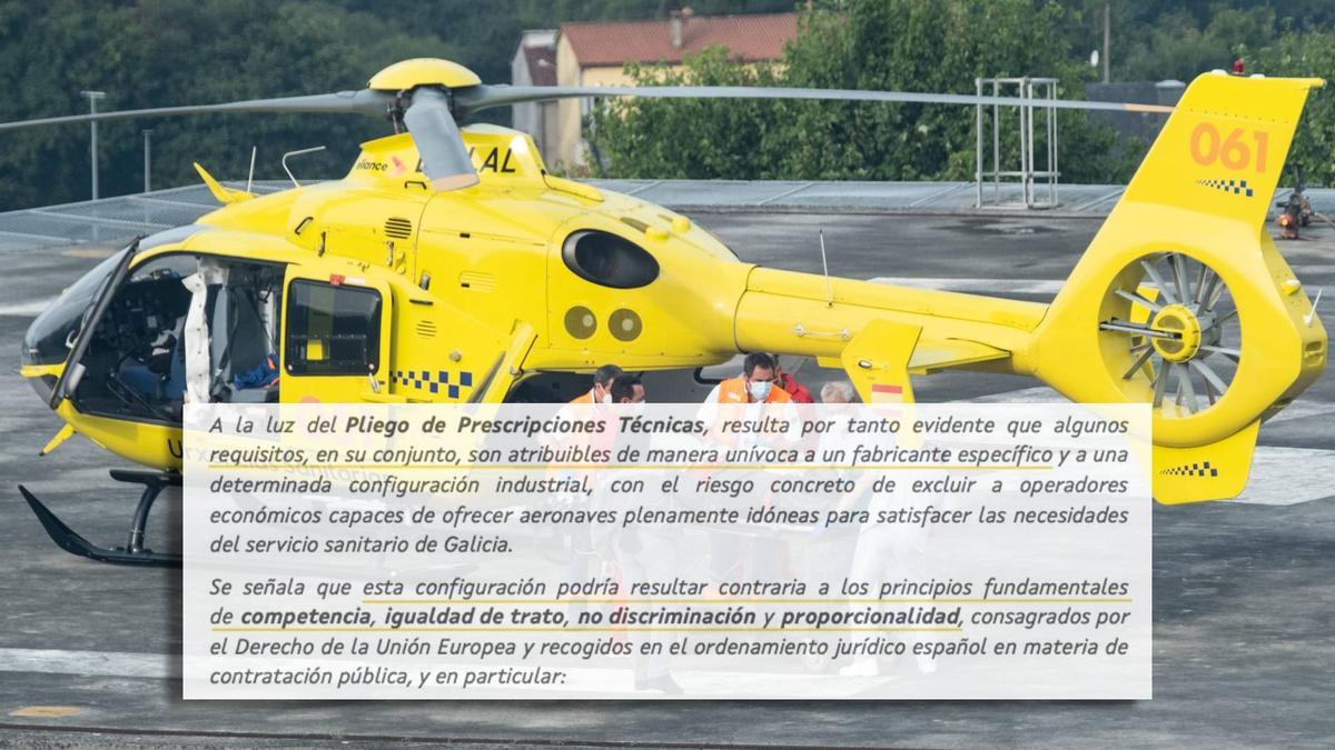 Uno de los dos helicópteros del 061 y sospechas mostradas por una empresa sobre la posible vulneración de la libre competencia con requisitos impuestos por la Xunta para renovar el servicio.