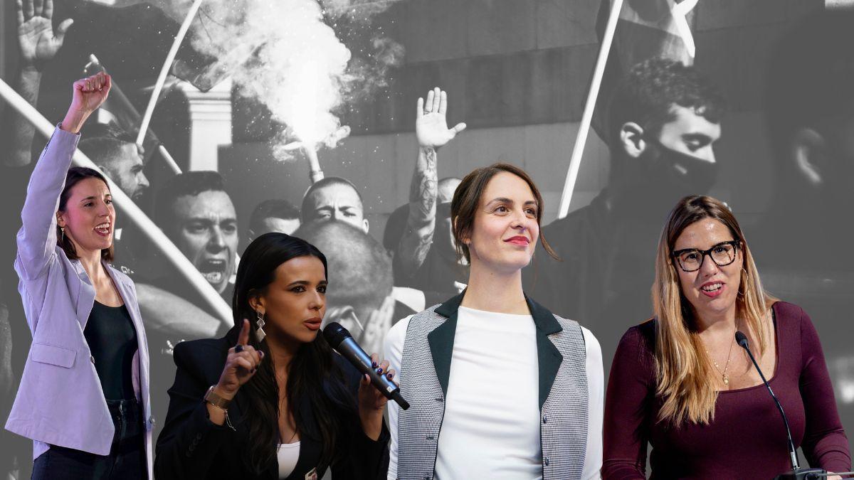 Irene Montero, Sarah Santaolalla, Rita Maestre y Cristina Hernández, sobre el fondo de una manifestación ultra.