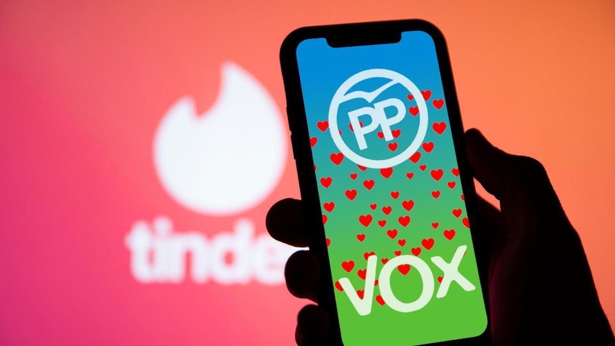 Imagen con los logos de Tinder, PP y Vox.