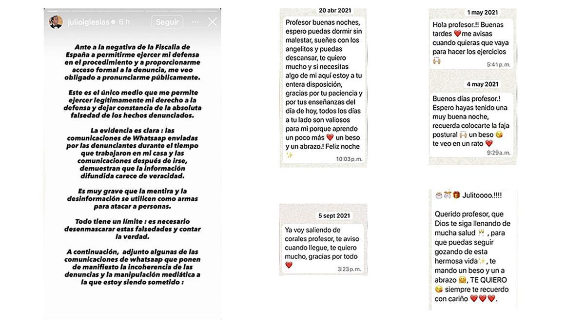 El comunicado y algunos mensajes de WhatsApp publicados en el perfil de Instagram del cantante español Julio Iglesias.