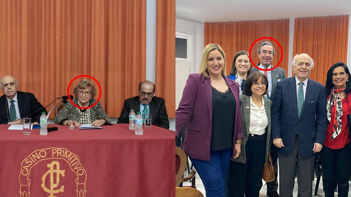 La presidenta de AEMJ, Begoña Sainz de la Maza, en la mesa de un acto sobre la ley de amnistía junto al abogado del Estado y diputado constituyente Francisco Ruiz Risueño, y al magistrado del TSJ de Castilla-La Mancha Jaime Lozano. En la otra imagen aparecen, junto a Ruiz Risueño, Paloma de Castro Tornero, expresidenta de Vox Albacete, Raquel Tomás, portavoz de Vox en Hellín, y Amalio de Marichalar.