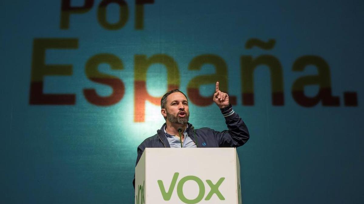 El presidente nacional de VOX y candidato a la Presidencia del Gobierno, Santiago Abascal interviene durante un mitin en Palma de Mallorca.