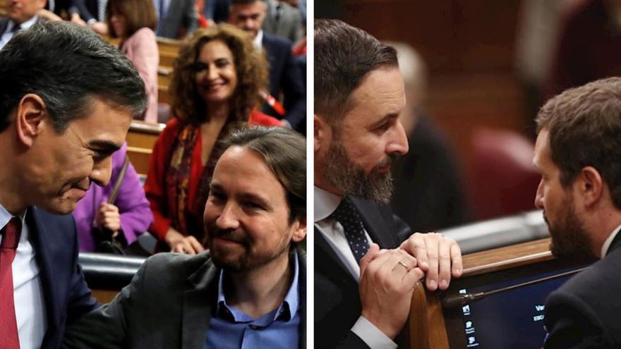 A la izquierda, Pedro Sánchez y Pablo Iglesias. A la derecha, Santiago Abascal y Pablo Casado.