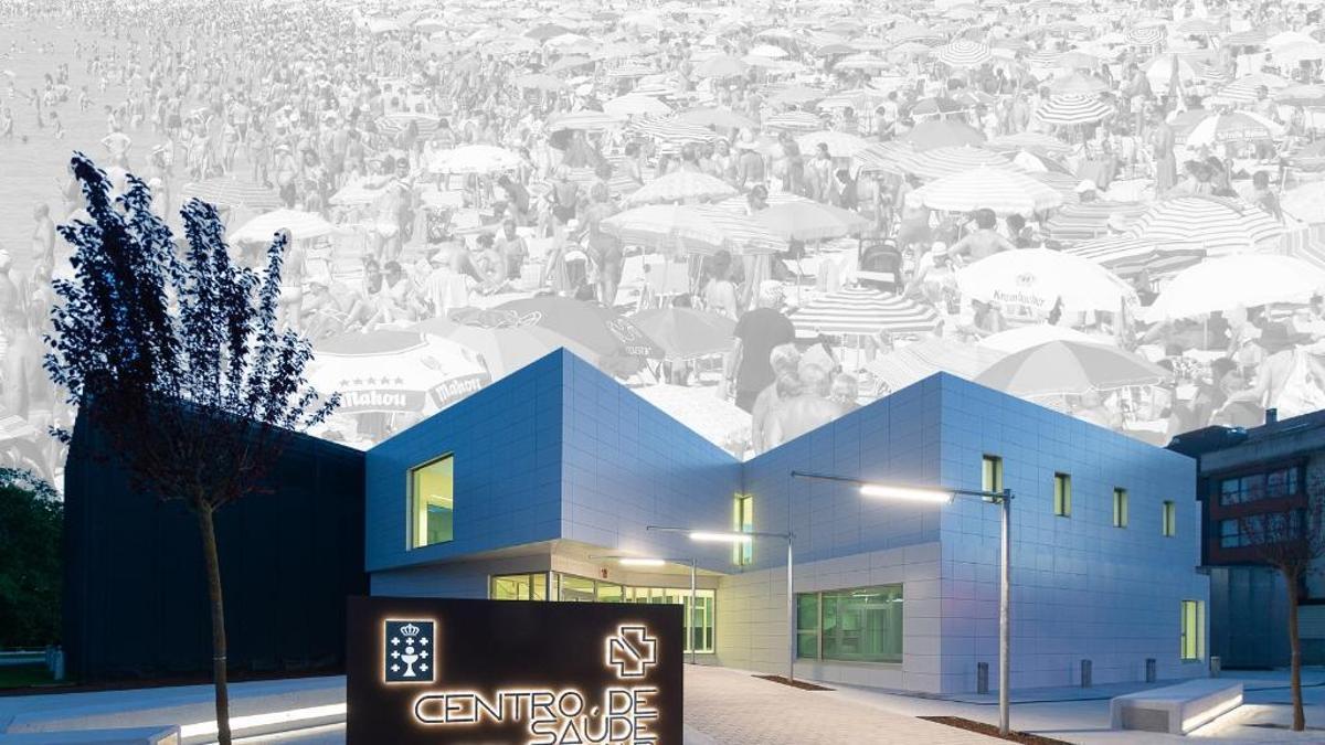 Montaje fotográfico de un centro de salud en Gondomar (Pontevedra) y vista de una playa de Sanxenxo (Pontevedra) en un día de verano.