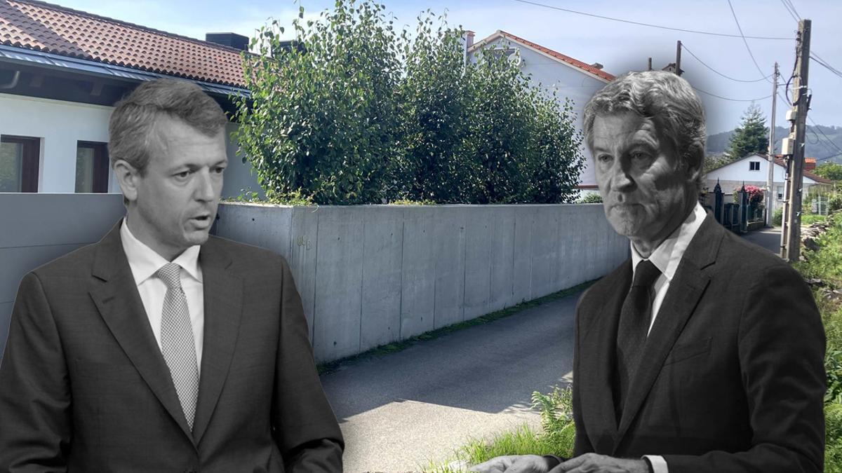 Fotografía de Praza.gal del muro permitido "por seguridad" a Feijóo en su antiguo chalet de Moaña que la justicia ahora obliga a desalojar con montaje de las imágenes de Alberto Núñez Feijóo y Alfonso Rueda