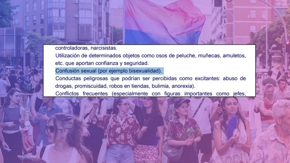 Captura de la guía sobre el fondo de una manifestación LGTBIQ+.