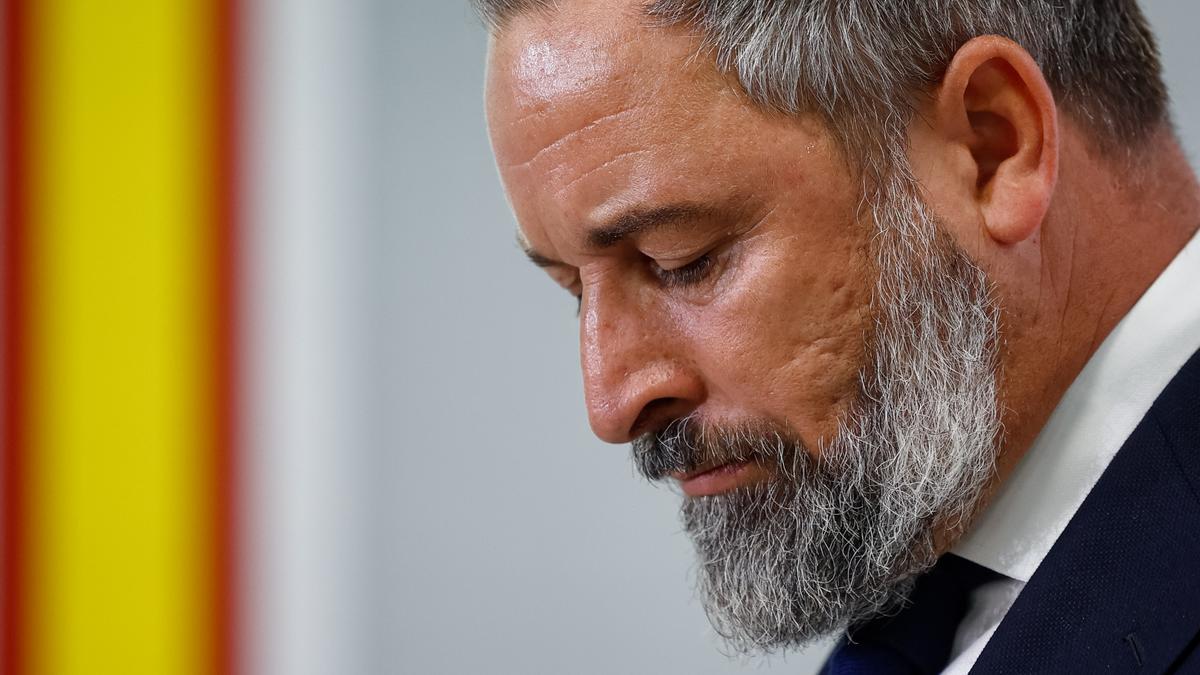 El líder del Vox, Santiago Abascal, durante una rueda de prensa en la sede de su partido.