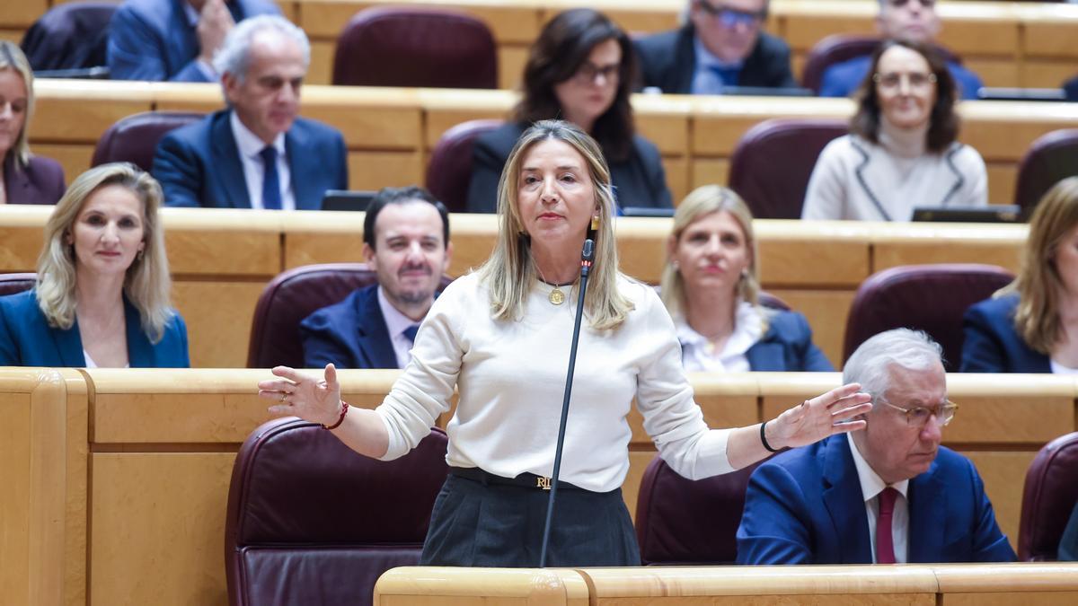 La portavoz del PP en el Senado, Alicia García, interviene durante una sesión de control al Gobierno en el Senado.