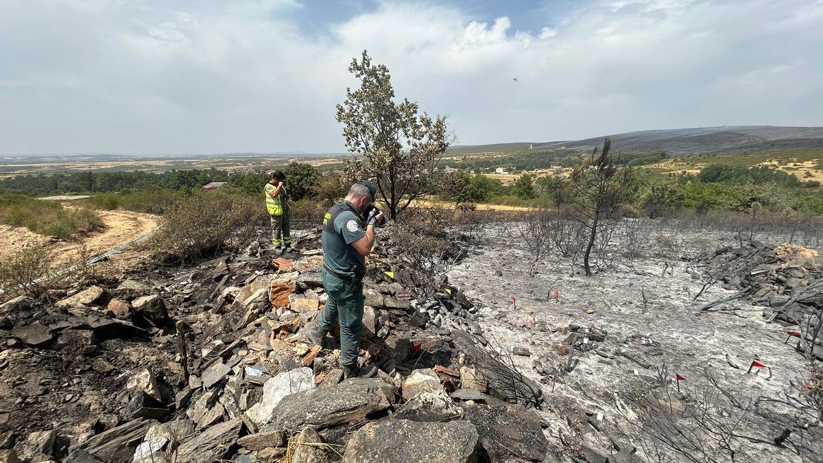 Un agente de la Guardia Civil fotografía un área quemada.