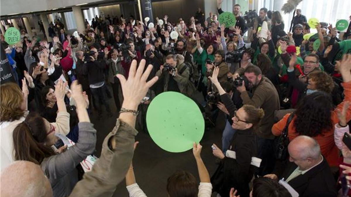 Acción de la PAH el pasado 26 de marzo en los juzgados de Barcelona por la anulación de los desahucios.