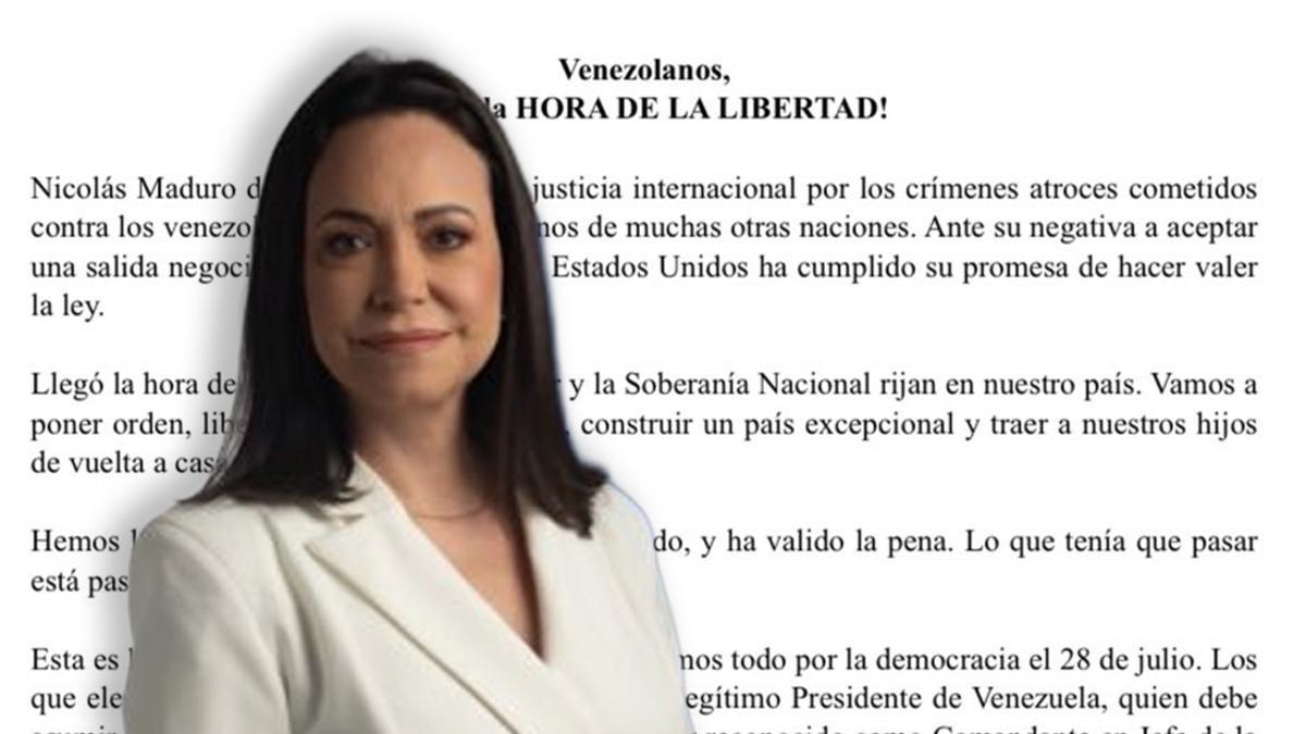 La líder opositora María Corina Machado ha enviado un comunicado sobre el golpe de Estado en Venezuela