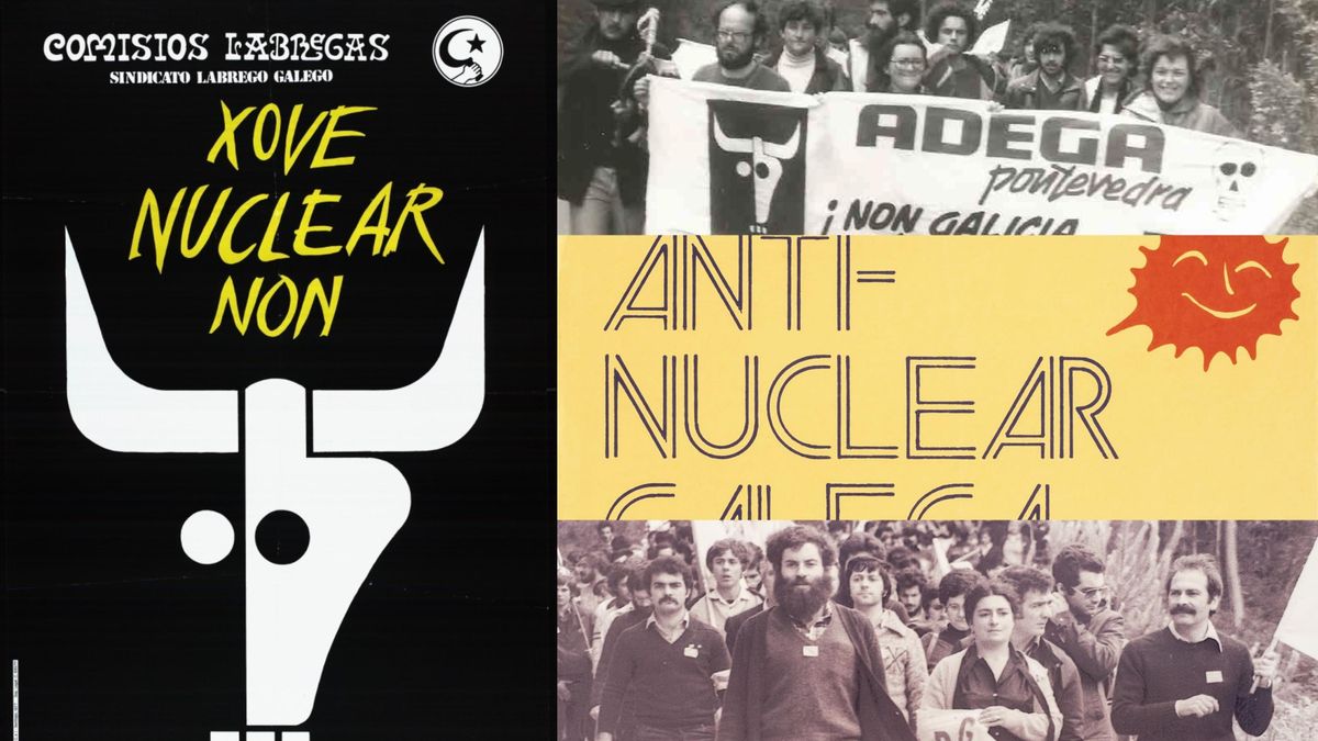 Imágenes de las marchas contra la central nuclear de Xove y del cartel diseñado por Pepe Barro.