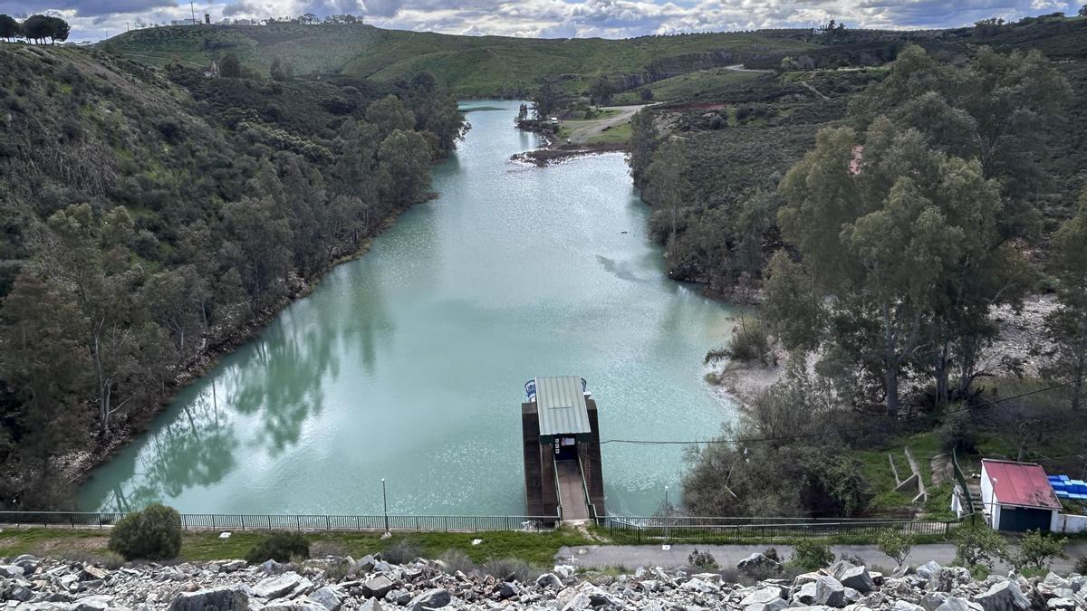 Imagen del contraembalse del Agrio, en Aznalcóllar (Sevilla), teñido de verde, tras las últimas lluvias, este martes 10 de marzo.